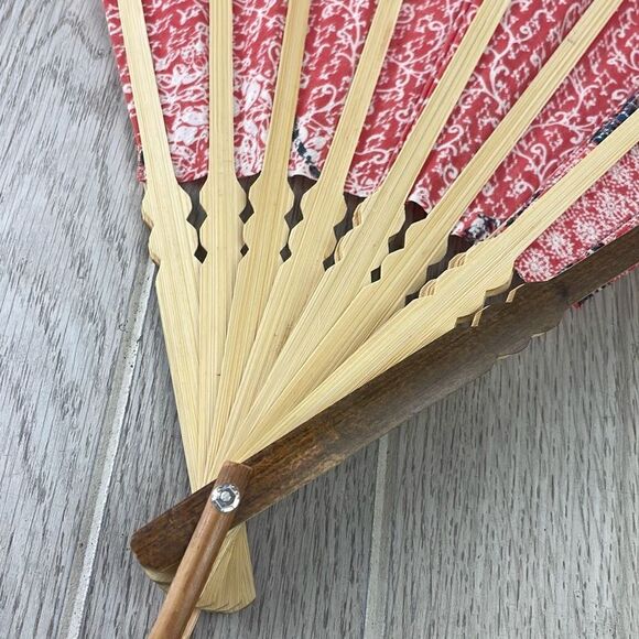 Mixed Prints Textile Wooden Handheld Foldable Fan Lot of 2 Red & Blue - Picture 6 of 10
